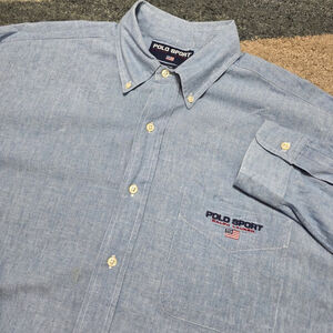 Polo Sport Ralph Lauren Button Down Shirt Mens L Blue Chambray Flag Logo